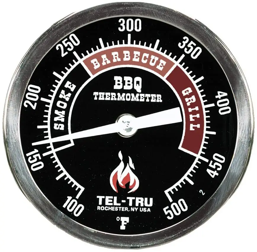 Tel-Tru BQ300 Barbecue Thermometer, 3-inch black dial with zones, 2.5-inch stem, 100/500 degrees F