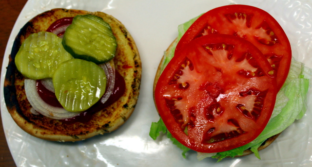 Hamburger Bun with Lettuce, Tomato, Mustard, Mayo, Pickles and Onion